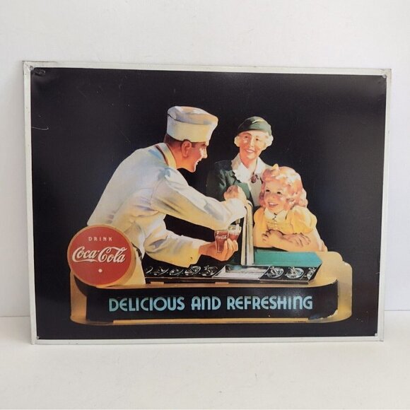 Vintage Drink Coca Cola Delicious And Refreshing Metal Sign Advertising Repo - Picture 1 of 7
